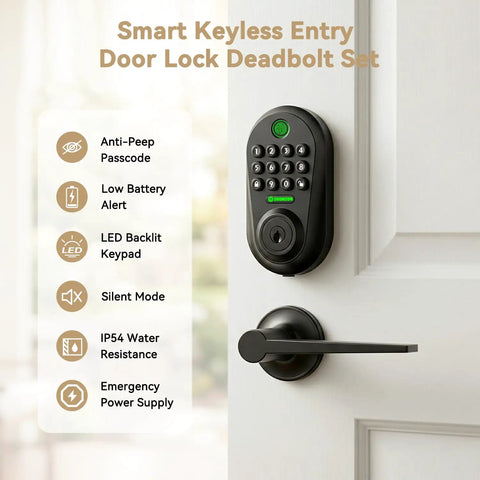 Rock Solid 5 In 1 Smart Deadbolt With Handle Fingerprint Scanner And Keypad Keyless Entry Door Lock with LED keypad and privacy features.