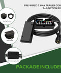 Heavy Duty Seven Way Trailer Cord With Junction Box Kit For RV Wiring And Truck Towing Quick Plug Setup with sealed components.