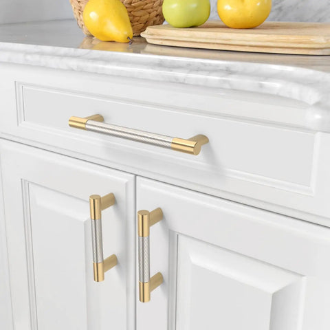 Badass 10 Pack Cabinet Pulls And Drawer Hardware Featuring Brushed Nickel And Gold Finishes Dang Easy Assembly Heavy Duty Vintage Aesthetic Kitchen And Bathroom Sweet Home Upgrade. Close-up of gold finish kitchen cabinet pull with textured grip.