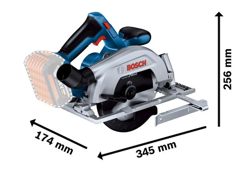 Badass 18V Cordless Brushless Circular Saw With Slick Six Point Five Inch Blade and Rock Solid Aluminum Shoe side view with dimensions.