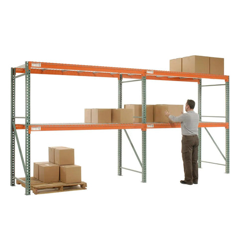 Heavy Duty Teardrop Pallet Rack Add On Unit Built Like A Tank For Warehouse Storage with boxes, measuring 108 by 42 by 144 inches.