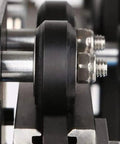 Close-up of 10 Piece Black Plastic V Groove Ball Bearing Wheels For 3D Printer showing precision oiled bearings and metal support.