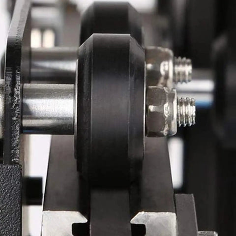Close-up of 10 Piece Black Plastic V Groove Ball Bearing Wheels For 3D Printer showing precision oiled bearings and metal support.