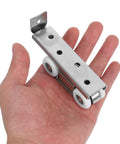 Heavy Duty Stainless Steel Sliding Door Track With Silent Nylon Four Wheel Pulley System For Easy Bolt On Setup And Rolls Like Butter Closet Hardware Kit in hand