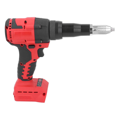 Heavy Duty Cordless Rivet Gun Kit With 18V Battery And Built In Led Lamp Auto Catch And Spit Mechanism Smooth Moving Electric Pop Riveter Tool Full Rivet Case For Garage Tasks Or Weekend Dude Projects side view of tool with battery