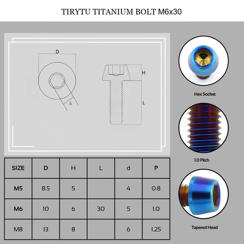 Slick Burnt Blue Titanium M6x30mm Bolts Six Pack Socket Head Cap Screws showing dimensions and specifications for bike use.