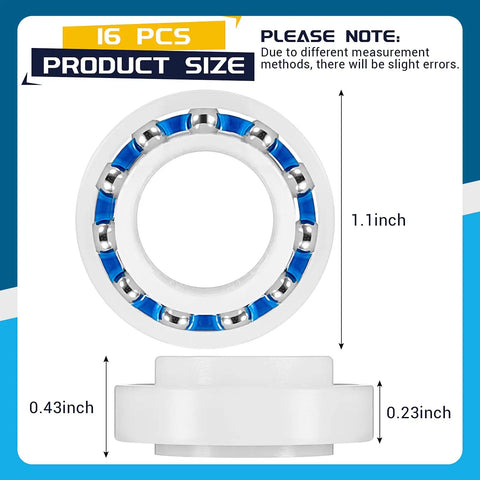 Restore Smooth Wheel Action With These Top Shelf Replacement Ball Bearings In A Handy 16 Pack, 1.1 inch diameter, blue and white design.