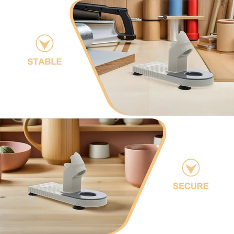 Heavy Duty Plastic Glue Stick Organizer Stand With Deep Trenches For Hot Melt Adhesive Pens on wooden desk with tools in background.