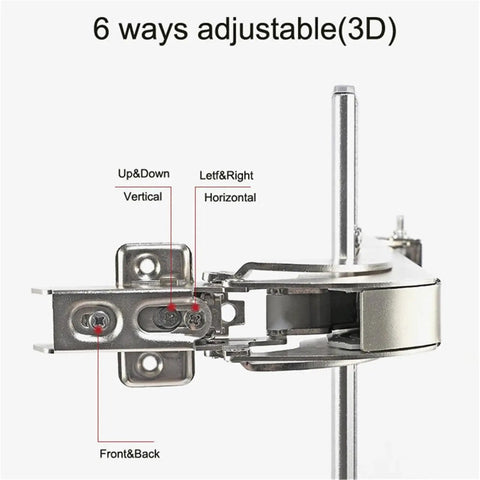 Rock Solid Folding Cabinet Hinge With Dead Silent Damping Slide Rail showcases adjustable 3D settings for precise alignment.