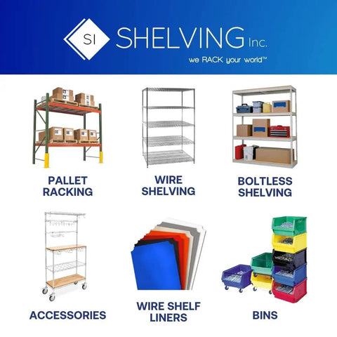 Image of various shelving options including Pallet Racking, Wire Shelving, and Bins showcases storage solutions.