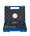 Digital Force Gauge With Push Pull Tester Real Time And Peak Value Readouts Three Units N Kg Lb 100 Kgf Range 980 N 220 Lbf High Accuracy Within Zero Point Five Percent Of Full Scale Plus One Digit Auto Power Off in blue carrying case with test attachments