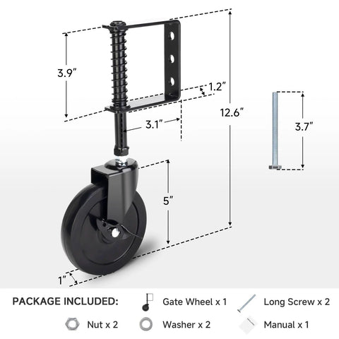 Spring Loaded Gate Wheel With 360 Degree Swivel for Heavy Gates Outdoor Gate Caster Kit with assembly parts shown