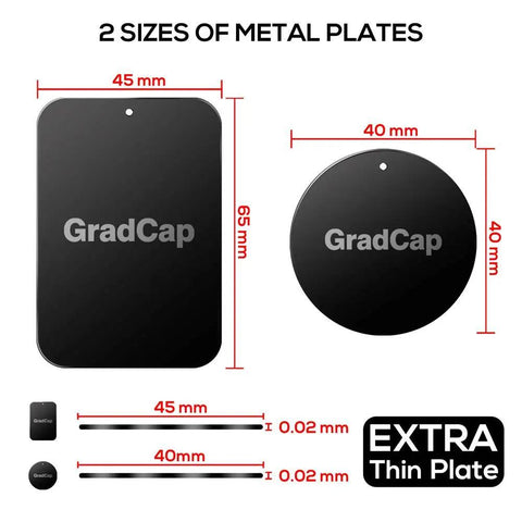 Universal Magnetic Phone Mount Metal Plates Kit 4 Pack showing rectangle and round discs with measurements