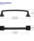 Diagram of 30 Pack 5 Inch Center Black Matte Cabinet Pulls Arch Style with measurements, solid zinc alloy, durable finish.