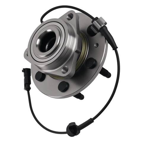 Rugged Front Wheel Hub Bearing Assembly With Abs Sensor Wire, 6 Stud 3 Bolt Triangle Flange, silver metal construction.