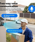 Weatherproof Security Rig Ships With Built In Sim Card For Easy 4G LTE Access And Draws Solar Power To Skip Wi Fi Setup While Surviving IP Sixty Five Rain Damage Plus Quick 360 Degree Pan Tilt View And Clear Two Way Talking showing live two-way communication between the camera and delivery person.