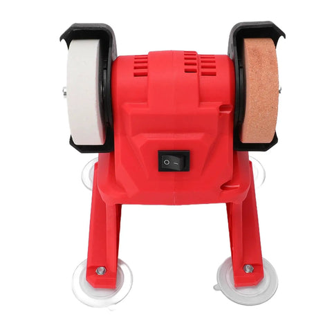 No Nonsense Cordless Bench Grinder Packing 5500 RPM And 70mm Dual Wheels, red mini bench tool with white and brown wheels.