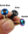 10 Pack M5x12mm Button Head Bike Screws Stainless Steel Allen Bolts in burnt blue, grey, and rainbow finishes for water bottle cages.