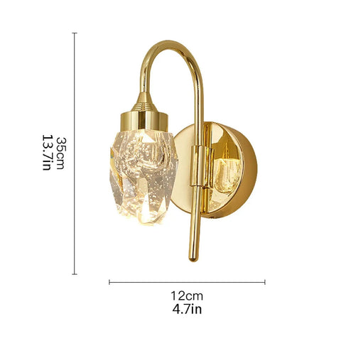 Modern Double Head LED Wall Sconce Rock Solid Hardware Body and Prismatic Crystal Details Knockout Vibe Enhancement in Bedroom or Corridor Luxury Illumination, gold finish, 35cm height, 12cm width.