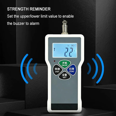 Badass Digital Push Pull Force Gauge That Delivers Straight Up Precise Load Cell Readings Across Four Units With Reliable Real Time Peak Capture Modes For Heavy Duty Workbench Testing displaying measurement screen and buzzer features.