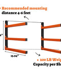 Diagram of 2 Pack Lumber Rack Wood Organizer and Wall Mount Shelf System with 3 Levels, showing dimensions and weight capacity.