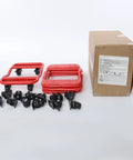 Badass Heavy Duty Vehicle Tire Dollies 6000 Lbs Capacity Set Of 4 Tough As Nails Car Movers With Parking Brakes For Trucks ATVs and Lawn Mowers Durable Steel Garage Gear In Red, with red dollies and black wheels.