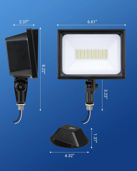 Next-Level 65W Outdoor Security Flood Light Featuring Tough Ip65 Waterproof Housing, Delivers Blazing 6670 Lumens, shown with dimensions.