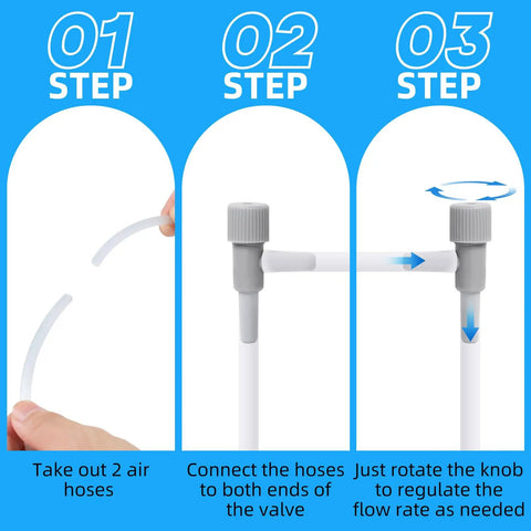 20 Pack Aquarium Air Control Valves 2 Way Air Regulator For 3/16 Inch Tubing instructions showing steps to connect and adjust air hoses.