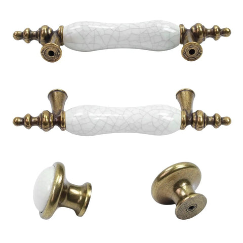 Slick Vintage Style Antique Bronze And White Crackled Ceramic Cabinet Pull And Knob Set Of Eight Pieces For Your Dreamy Kitchen Drawers With A Rock Solid Everyday Finish, featuring four pulls and four round knobs.