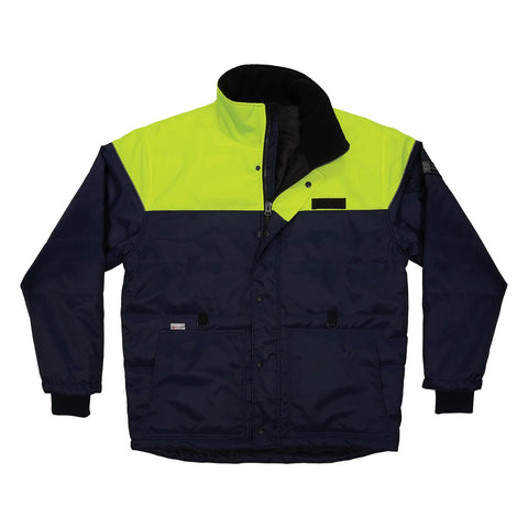 Heavy Duty Insulated Freezer Jacket Tailored To Brutal Cold Storage Jobs in navy and neon with fleece collar and pockets.