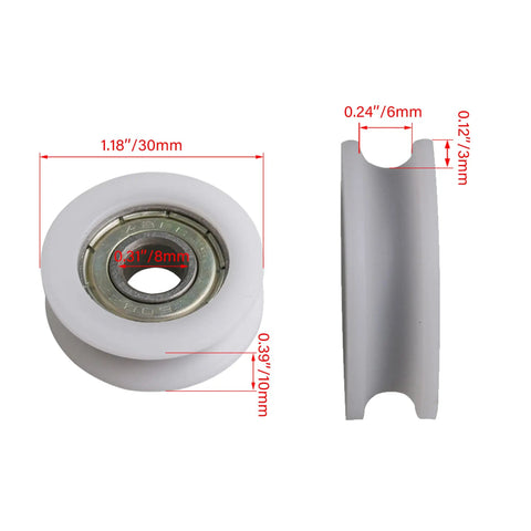 Set Of Four Heavy Duty U Groove Pom Pulleys With A Precision 8mm Bore And 30mm Outside Diameter, showcasing size and dimensions.
