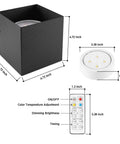 Cordless LED Cube Wall Sconces With Remote Dimmable Up And Down Lighting Eye Friendly Brightness dimensions and remote control.