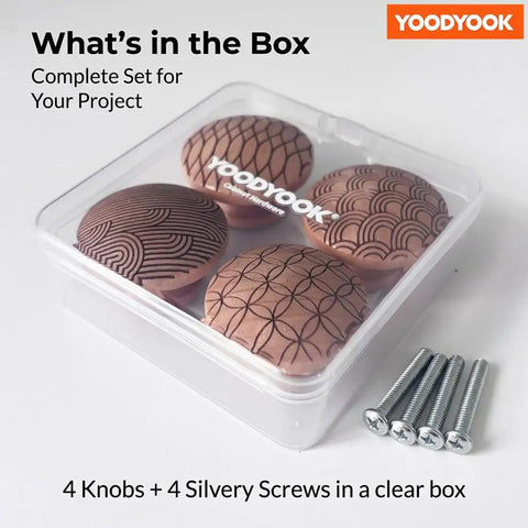 Handmade Mushroom Wood Cabinet Knobs 4 Pack With Unique Engraved Patterns Round Drawer Pulls in clear box with screws