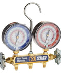 Slick Heat Pump Manifold Gauge Set With Dual Three Inch Precision Meters and Sixty Inch Tough Braided Hoses for AC HVAC Pro Hustle and R22 Repair Kits, showing dual dials and brass body.