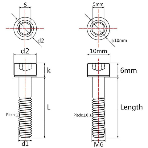 Technical diagram of rainbow titanium bolts for RC models showing dimensions and specifications.