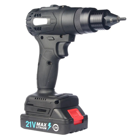 Heavy Duty Cordless Blind Rivet Nut Tool With 21V Brushless Motor And No Sweat Automatic Ramm Gun For Super Fast M3 To M10 Threaded Insert Assembly That Makes Tough Jobs A Breeze, black and gray cordless tool with battery.