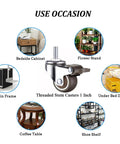 1 Inch M6 Threaded Stem Casters Set Of 4 Heavy Duty Swivel Wheels With Brakes For Furniture And Small Carts, shown with potential uses: bedside cabinet, flower stand, under bed drawer, main frame, coffee table, shoe shelf.