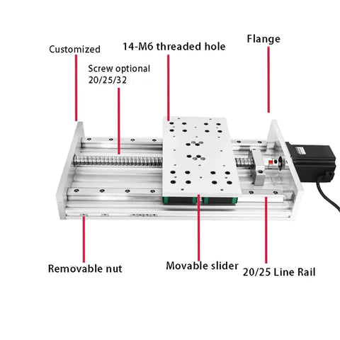 Heavy Load Precision Slide Module Kit With Ball Screw Linear Rail And Stepper Motor Rock Solid Linear Bearing Guide Actuator Set overview showing components like movable slider and threaded holes.