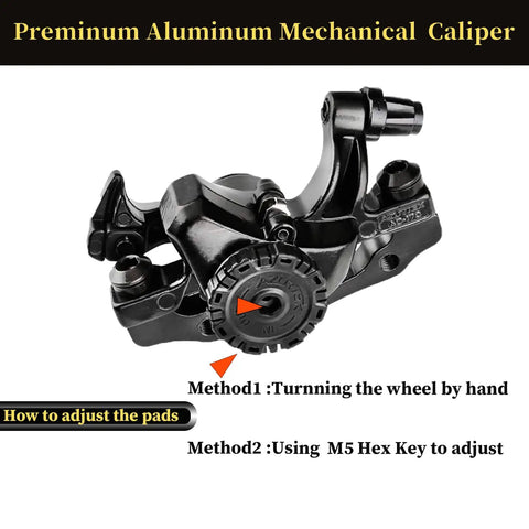 Premium aluminum mechanical caliper with tool-free pad adjuster for bike disc brake kit, shown in close-up view.