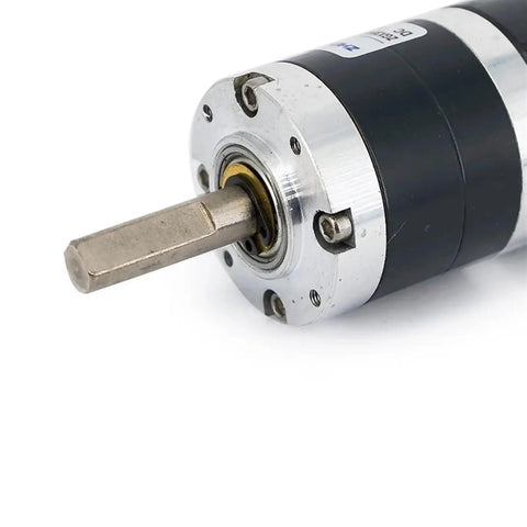 Built Tough DC Geared Motor For Wheelchairs And Industrial Power Systems 12V 24V High Torque Electric Gearbox with 8mm Shaft close-up view.