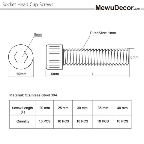 50 Piece Socket Head Cap Screw Set M6 X 20mm, 25mm, 30mm, 35mm, 40mm Stainless Steel 304 diagram with dimensions