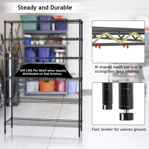 Heavy Duty Rolling Wire Shelving Unit Six Tier Adjustable Steel Storage Rack With Smooth Casters Commercial Grade NSF Certified showing M-shaped mesh and feet levelers in garage.