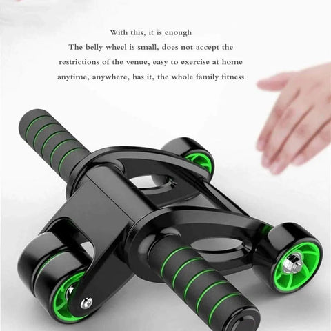 Smooth Roll Foldable Ab Wheel Designed For Serious Core Shreds And Rock Solid Motion Portable Fitness Tool with two black and green wheels.