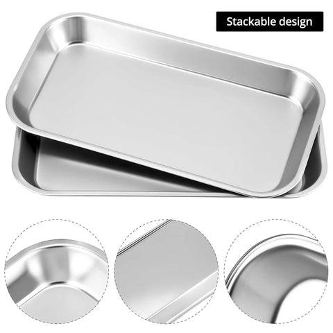 Stainless Steel Tool Organizer Trays Set With One Large Flat-Bottom Tray And Three Small Rust-Resistant Service Trays, Built For Tools, Fasteners, Bits And Small Parts In Your Garage Workshop Pro Grade Organization showing stackable design.