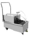 Commercial Mobile Fryer Oil Filter Machine With Large Stainless Steel Tank Holds Over 14 Gallons For Hotels And Snack Bars Precision Filtration System High Flow Rate Keeps Your Cooking Oil Clean And Fresh side view with pump and drainage hose.