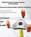 Heavy Duty Smoke Detector Removal Tool With Telescopic Aluminum Pole Featuring Auto Grip Snap Head For Round Or Square Wireless Alarms, close-up of disassembler head.
