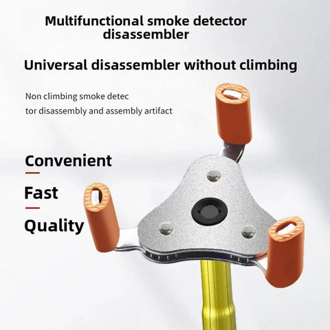 Heavy Duty Smoke Detector Removal Tool With Telescopic Aluminum Pole Featuring Auto Grip Snap Head For Round Or Square Wireless Alarms, close-up of disassembler head.