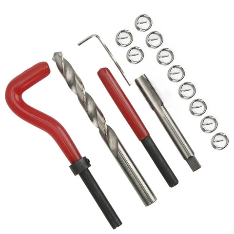 M10 1.0 Thread Repair Kit 15 Piece Set With Metal Drill Bit Tap And Threaded Inserts For Quick Onsite Machine Repairs Pro Grade Restores Damaged Threads And Keeps Automotive And DIY Projects Running Smooth. kit parts on white background