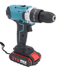 Heavy Duty Cordless Electric Drill Kit With Two 21V Lithium Batteries And Quick Swap Chuck shown from the side with black and blue design.