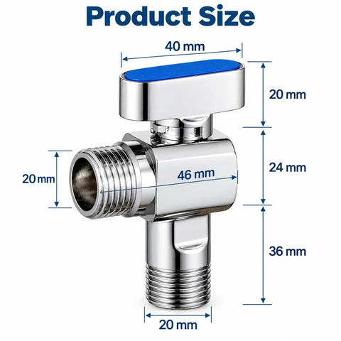 Fresh 1/2 Inch Turn Angle Stop Valve With Blue Handle Solid Brass Body Chrome Plated Finish dimensions and measurements illustration.